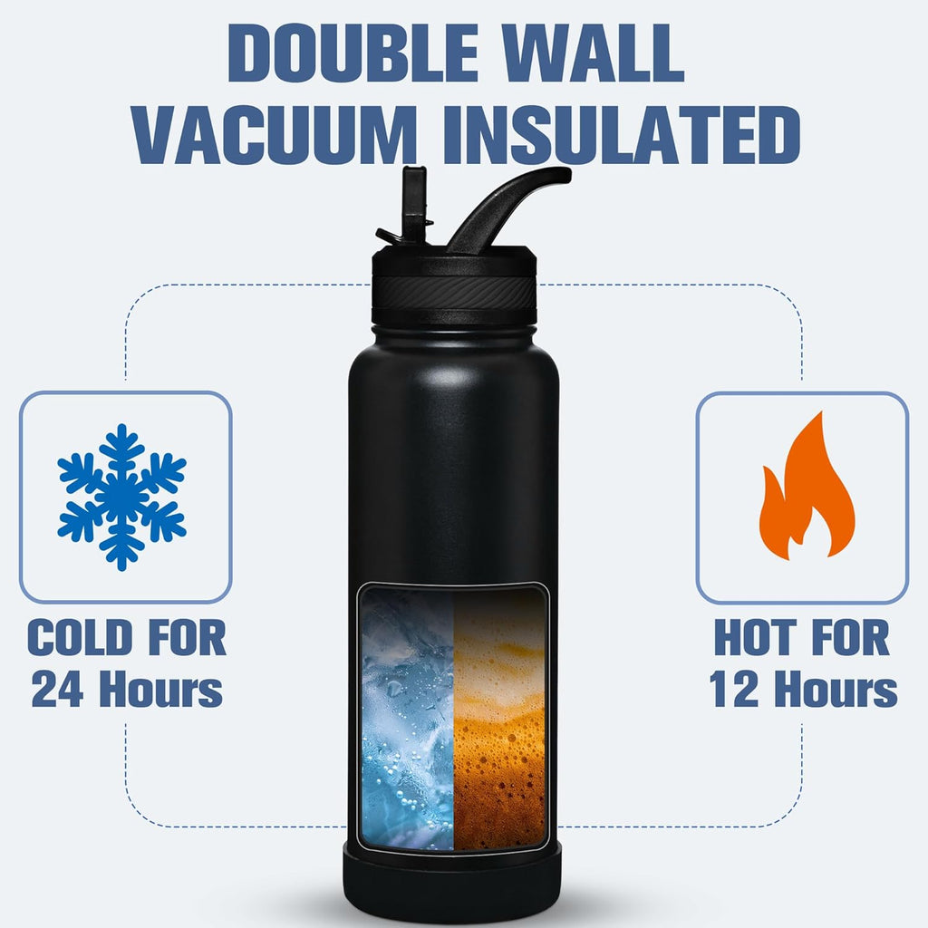OLDLEY 40 oz Insulated Water Bottle - Stainless Steel Sports Flask with 3 Lids | Black Travel Mug