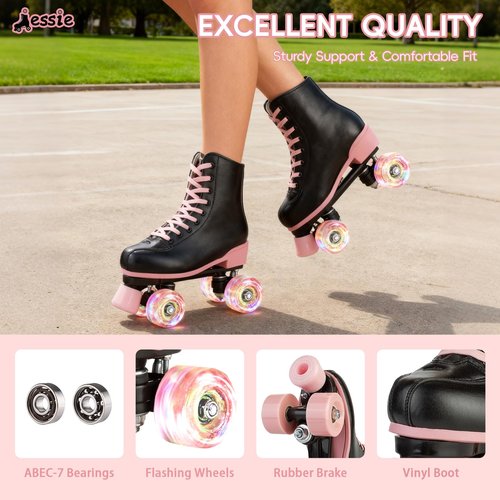 Jessie Women Roller Skates with Light Up Wheels Stylish Black Quad Skating Ideal for Men, Adult, Youth and Beginners Outdoor(Flash Wheel, 37-23.5cm/9.25in)
