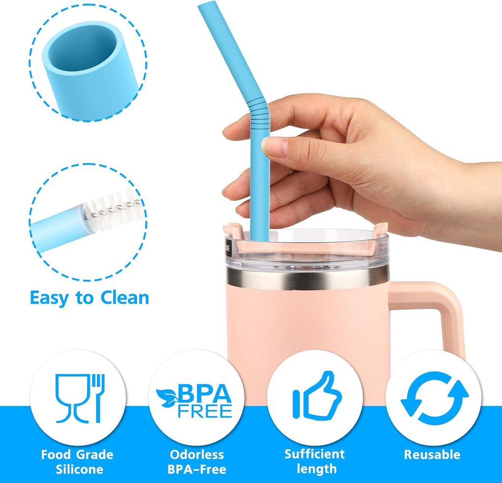 XANGNIER Extra Long Silicone Replacement Straws - 14” Pastel Color Straws for Stanley 40 oz Cup | 6 Pack with Cleaning Brush