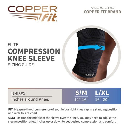 Copper Fit Elite Knee Compression Sleeve Knee Brace 2-Pack, Black (Small/Medium 12"-16")