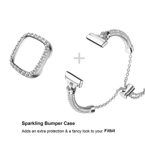 Bling Band And Case Compatible with Fitbit Versa 4/ Fitbit Sense 2 for Women, Metal Stainless Steel Wristband Replacement for Fibit Sense 2/Versa 4 (Silver)