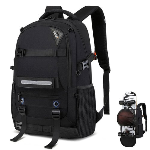 RUCYEN Skateboard Backpack, Laptop Backpack with USB Charging Port, RFID Anti-Theft Lock, Waterproof Fabric, Fits up to 15.6 Inch Laptop, for Business Travel Men (Black)