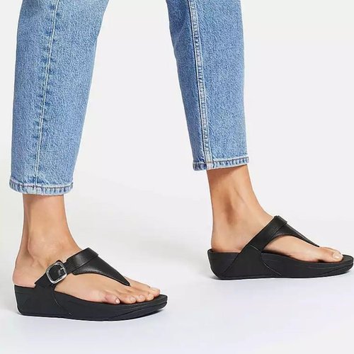 FitFlop Womens Lulu Arch Support Adjustable Leather Toe Post Sandals for Women - Fashion Slip on Flip Flop Footwear for Walking, Comfortable Non Slip Platform Sandal, All Black, 7.5