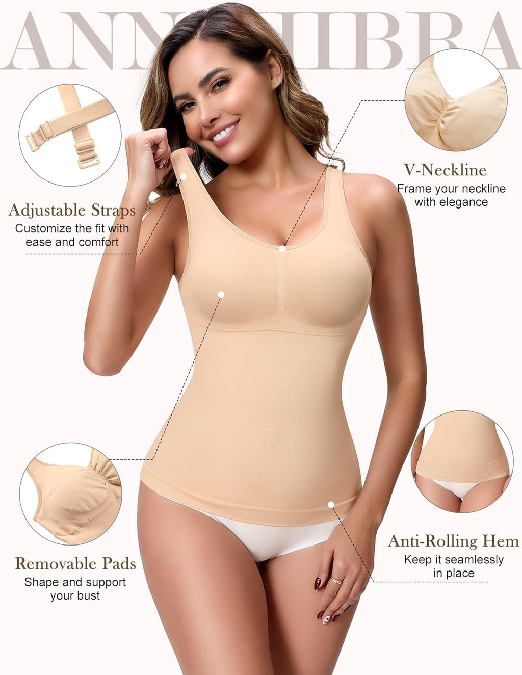 Skiennix Compression Shapewear Tank Top - V Neck Halter Design with Built-In Bra & Tummy Control
