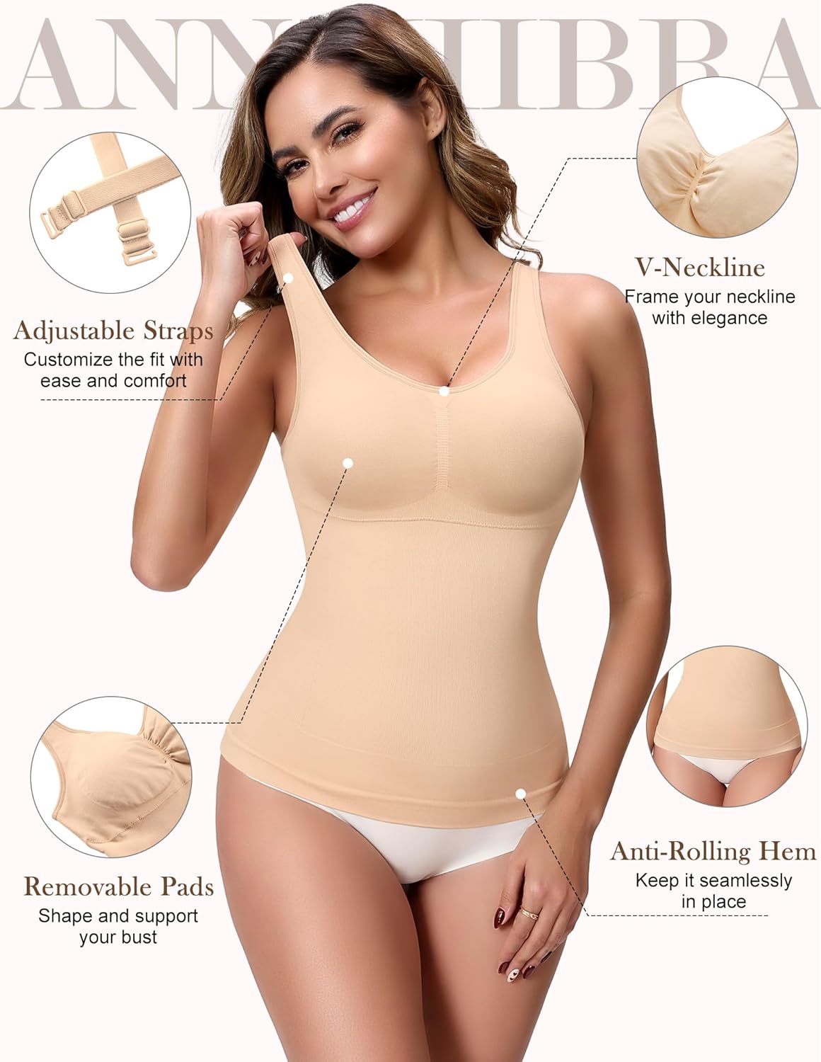 Skiennix Compression Shapewear Tank Top - V Neck Halter Design with Built-In Bra & Tummy Control