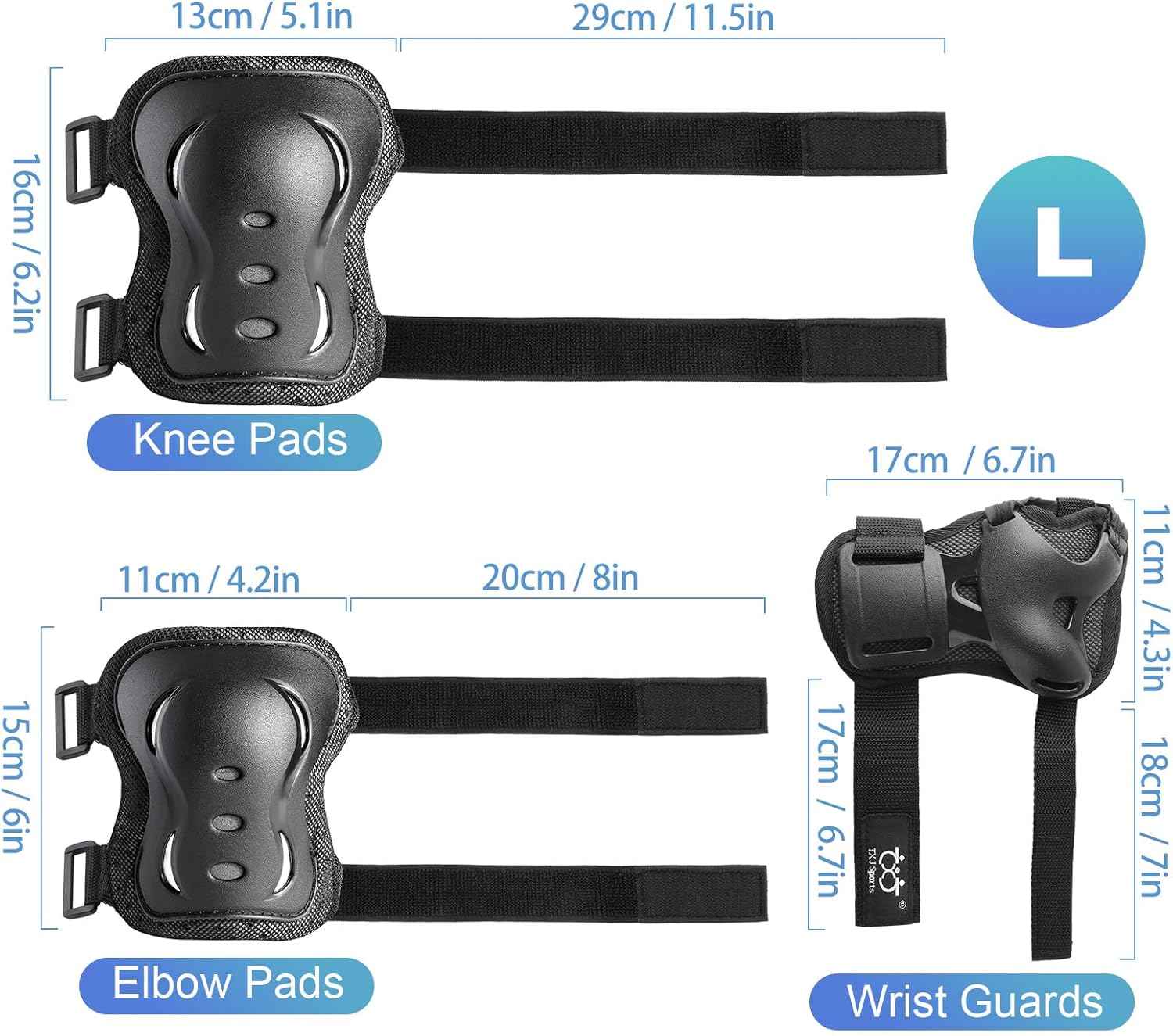 Skiennix Protective Gear Set - Knee Pads, Elbow Pads & Wrist Guards - 6 Pack for Skating & Cycling