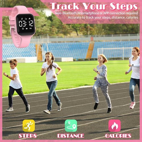 Konewos Children Simple Fitness Tracker Watch, Digital Step Counter Sport Watch, Waterproof Wristwatch, with Pedometer Alarm Clock Calendar for Kids Boy Girl Students (Pink)