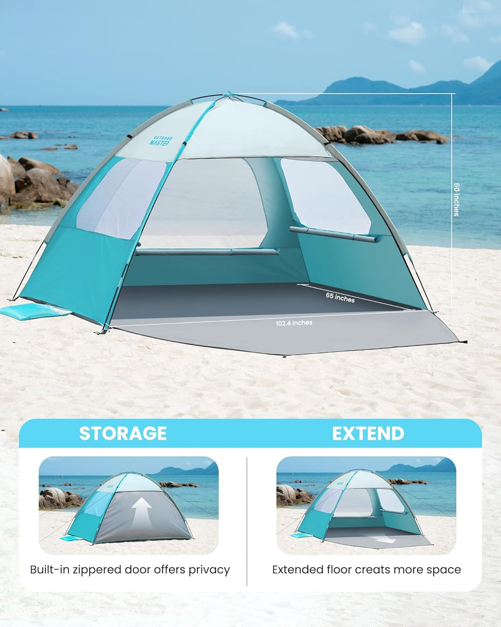 OutdoorMaster Beach Tent - Easy Setup Portable Sun Shade Canopy with UPF 50+ UV Protection | Family Size for 3-8 People