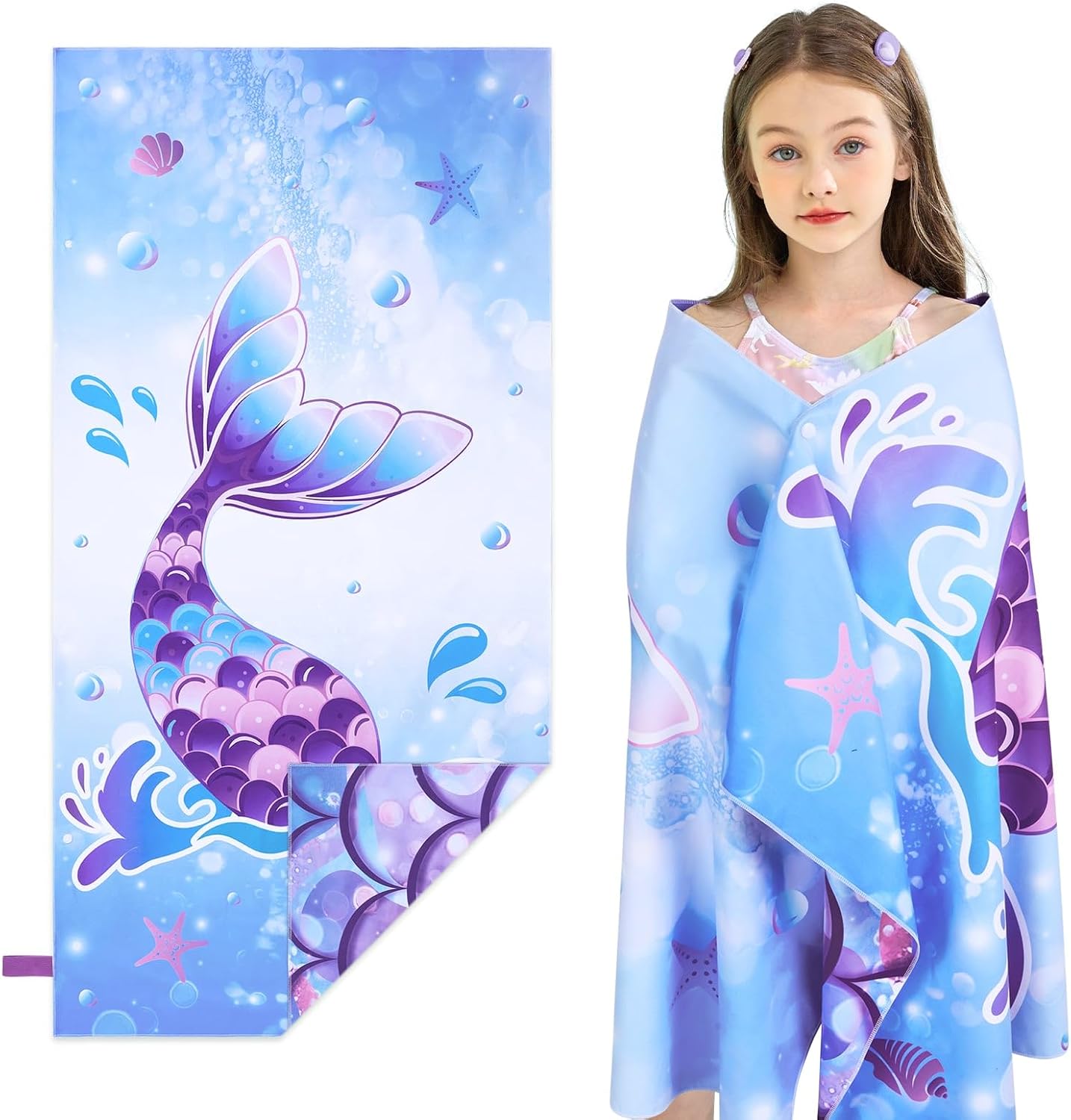 WERNNSAI Mermaid Kids Beach Towel - Double-Sided, Quick Dry, Ultra Absorbent | 30” x 60” Soft Swim Towel