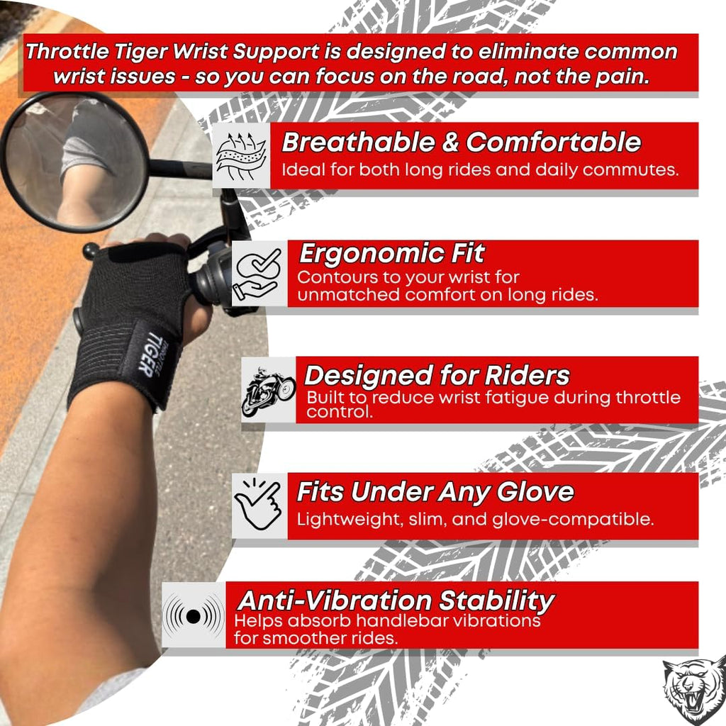 Throttle Tiger – Motorcycle Wrist Brace Adjustable Wrist Wraps for Bikers, Wrist Support Reduces Hand Pain and Absorbs Vibration, Enhancing Comfort and Stability (Large)