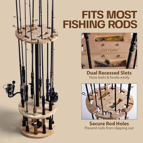 Goture Fishing Rod Holder - Garage Floor Stand for Up to 10 Rods | Solid Rubber Wood Storage Organizer