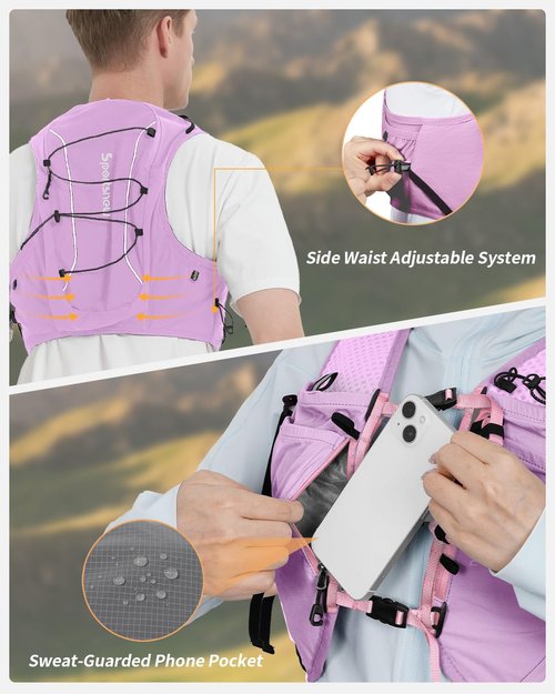 sportsnew Hydration Running Vest for Women, Ladies Hydration Backpack with Waterproof Phone Pocket for Trail Running Cycling Hiking Marathon (Pink with 2 x 500ML Soft Flask, S/M: Chest 28''-34'')