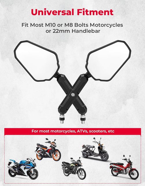 KEMIMOTO Universal Rearview Motorcycle Mirrors - Adjustable M8/M10 Bolt, 360° Convex Design, Foldable
