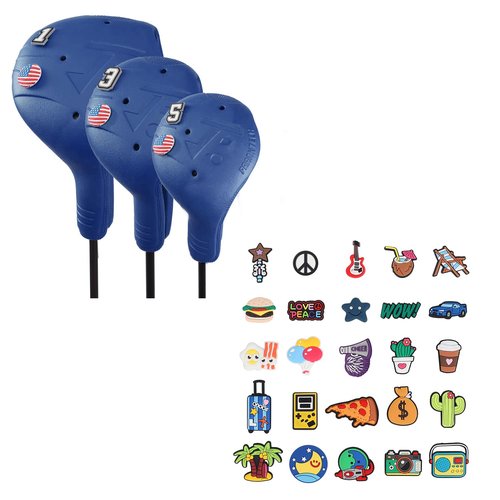 FRANKTECH Golf Club Covers 3pcs and 25pcs Funny Pins, Plastic Golf Head Covers for Driver Fairway Woods Hybrid, Driver Headcover Fit All Right-Handed Golf Clubs, Easy On Off, Washable, Funny
