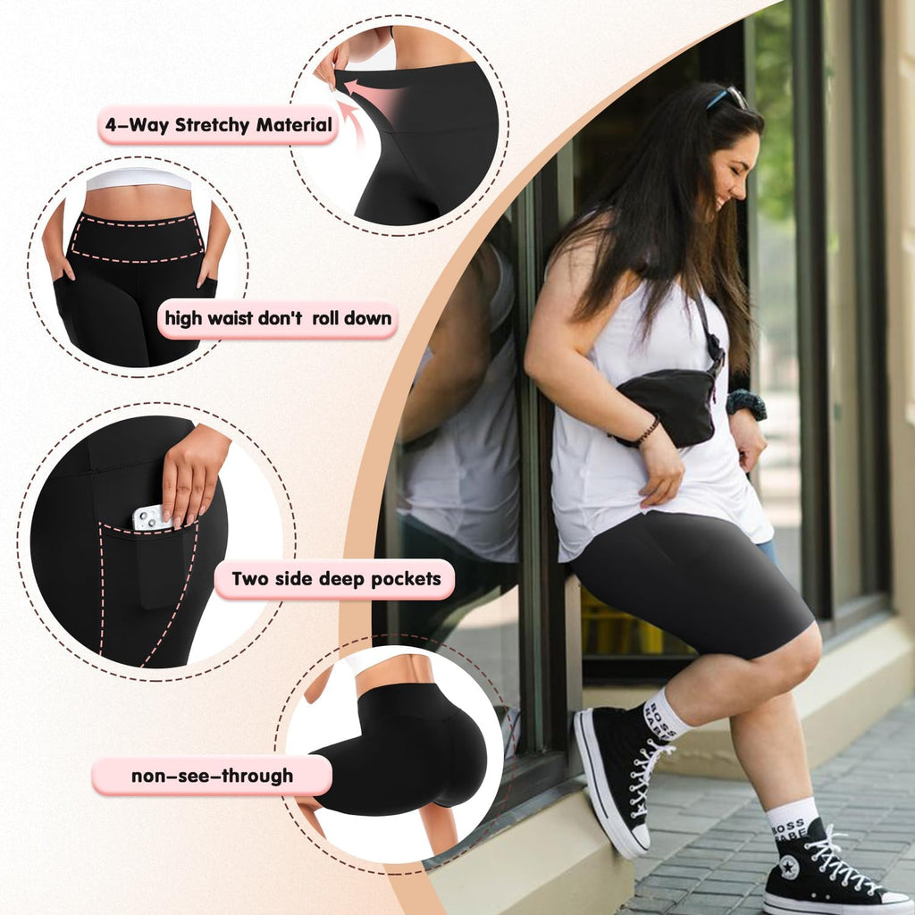 Skiennix Plus Size Biker Shorts - High Waisted Spandex Yoga Shorts with Pockets for Women
