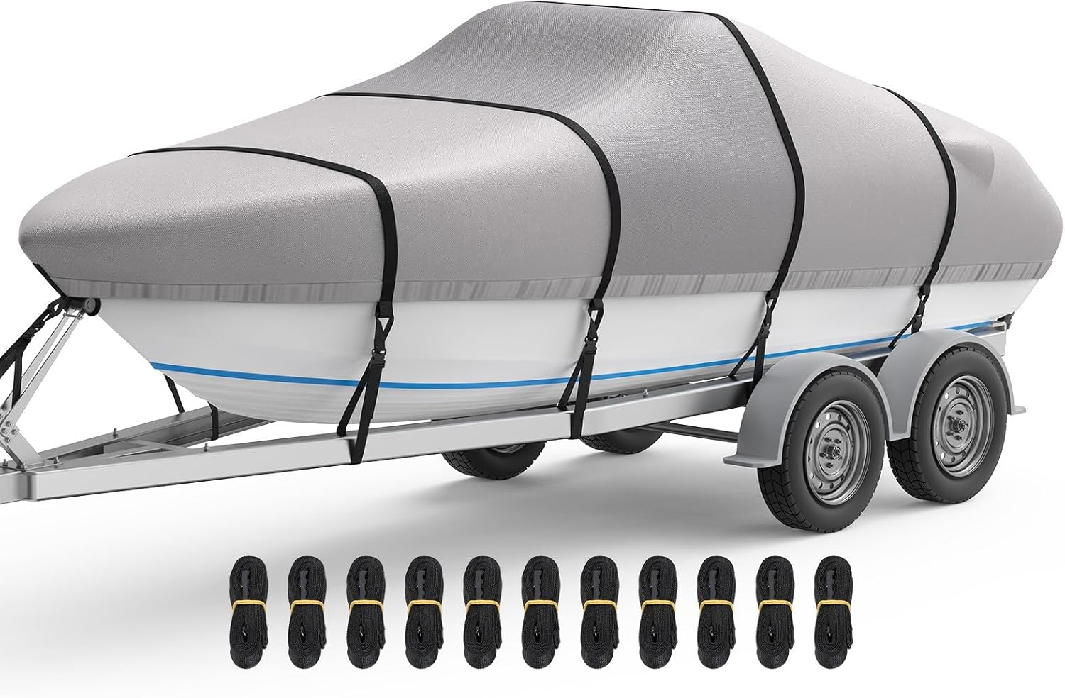 RVMasking Waterproof Boat Cover - Heavy Duty 1400D Marine Grade | Fits 16-18.5 ft V-Hull Bass Boats, Gray