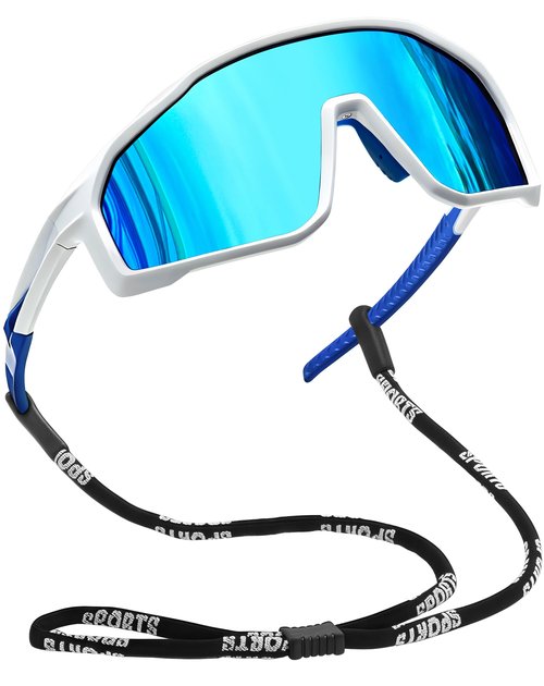 Joopin Sports Sunglasses Men Women Polarized Wrap Around Sun Glasses UV400 Protection Shades Sunnies (White Blue)