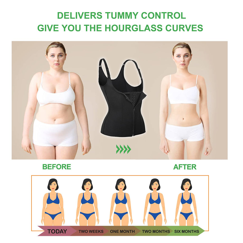 YADIFEN Waist Trainer Vest for Women,Zipper Corset Body Shaper for Tummy Control Neoprene Cincher Tank Top with Straps (Black-Fixed shoulder straps, L)