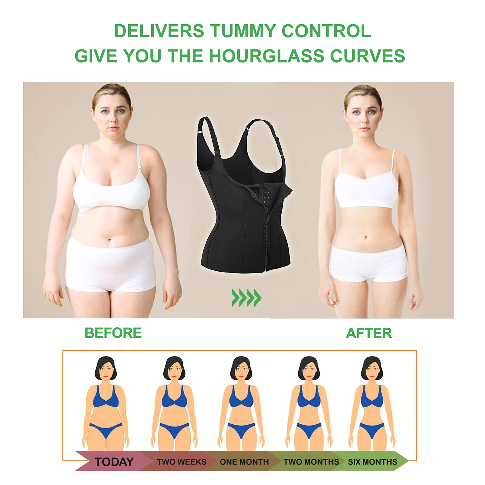 YADIFEN Waist Trainer Vest for Women,Zipper Corset Body Shaper for Tummy Control Neoprene Cincher Tank Top with Straps (Black-Fixed shoulder straps, L)