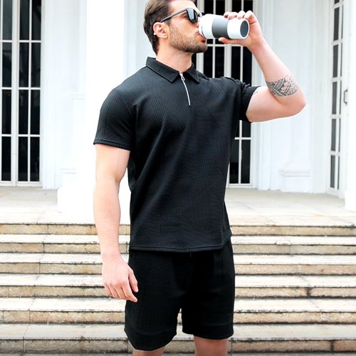 GYMELITE Men's 2 Piece Short Sets Outfits Summer Polo Shirts and Shorts Casual Zip Short Sleeve Fashion Shorts Tracksuit Set(BK XL)
