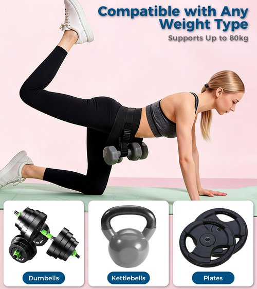 Hip Thrust Belt for Dumbbells, Kettlebells & Plates, Adjustable Booty Belt with Slip-Resistant Padding, Comfortable Glute Bridge Weight Belt for Home & Gym Workouts (Black)