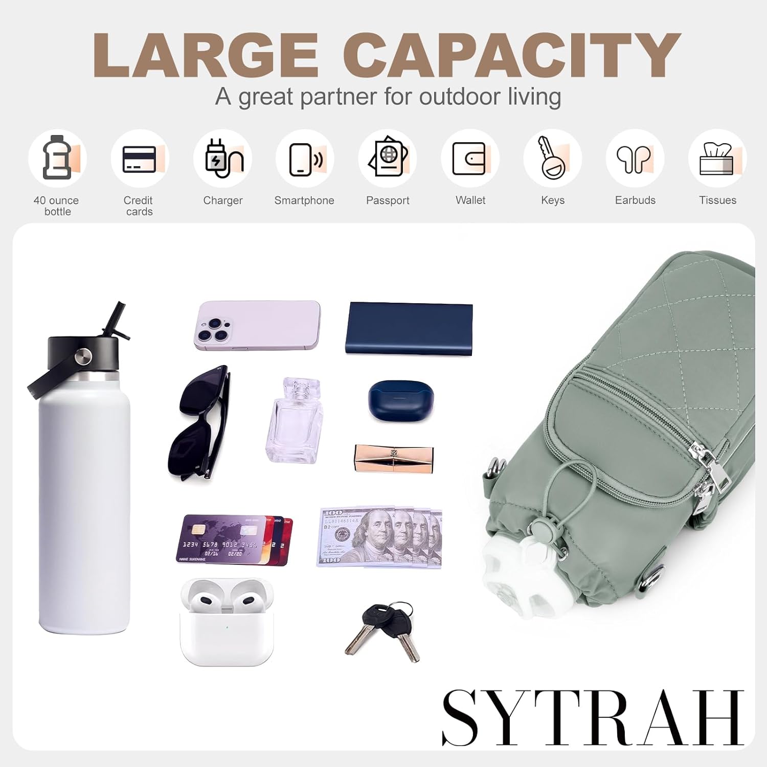 SYTRAH Water Bottle Carrier Bag - 40oz Water Bottle Purse with Strap & Phone Pocket for Hiking