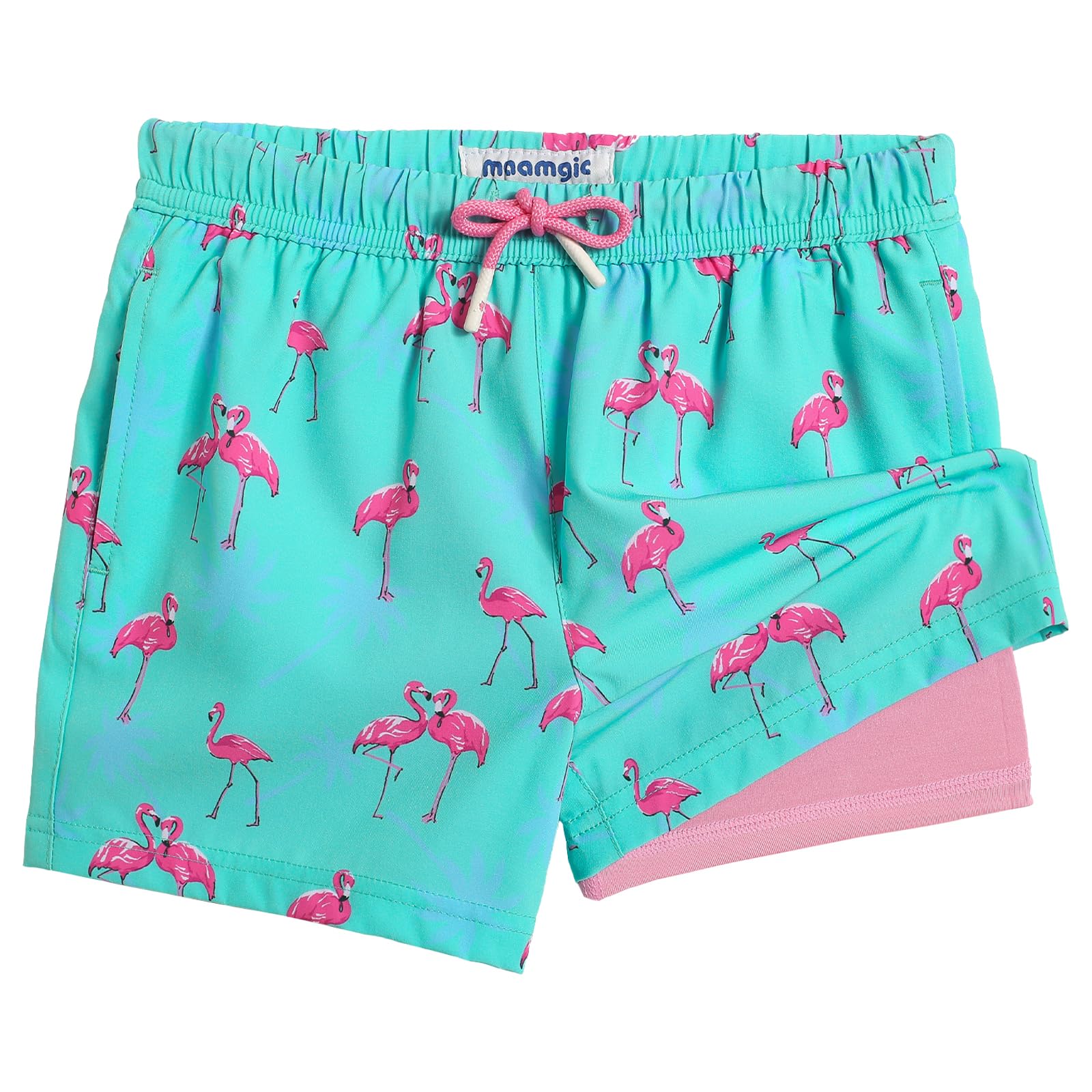 maamgic Boys Swim Trunks with Compression Liner Toddler Stretch Swim Shorts Quick Dry Swimming Trunks Boxer Brief 2 in 1 Beach Shorts Blue Flamingos 3T