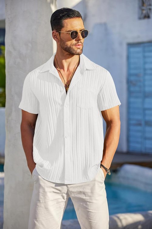 COOFANDY Men's Casual Short Sleeve Button Down Shirt - Textured Summer Beach Shirt with Pocket