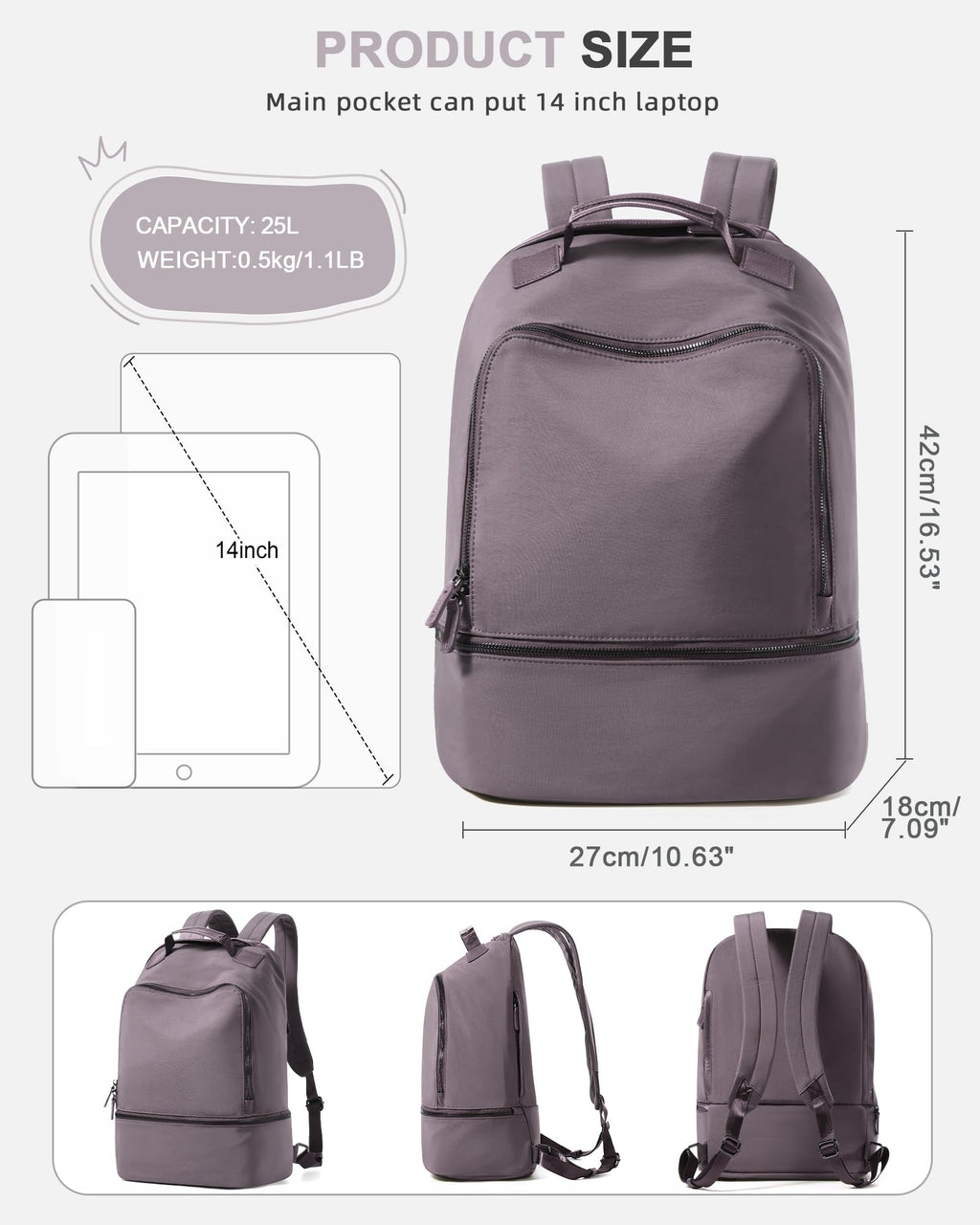 VENATIN Gym Backpack for Women Waterproof Small Gym Bag With Shoe Compartment Sports Essentials Cheer Backpack with Wet Dry Pocket,Purple