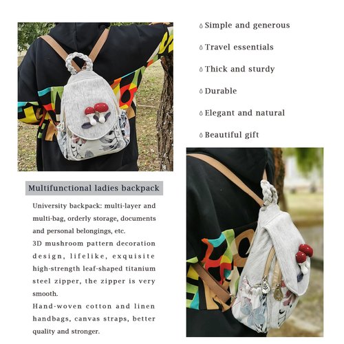 HUANGGUOSHU Women Cotton Woven Bohemian Hemp Boho Canvas Embroidery Multi Pocket Retro Cute Backpack Wallet Backpack（Mushroom）