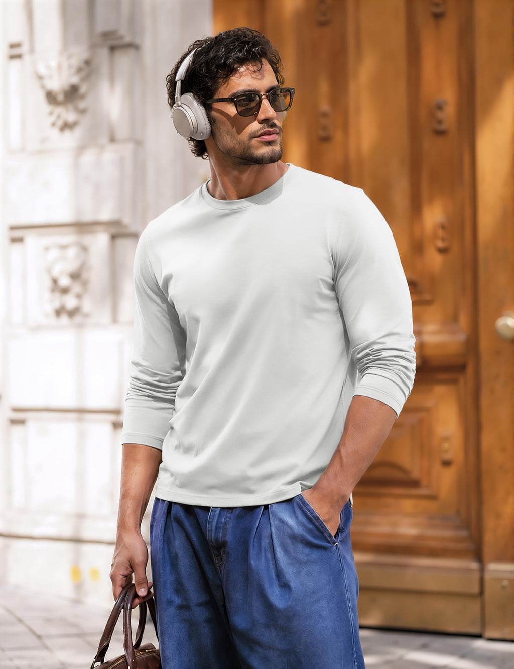 MAGCOMSEN Mens Long Sleeve T-Shirts Crew Neck Shirts Cotton Casual Tee Shirt Lightweight Shirt White,L