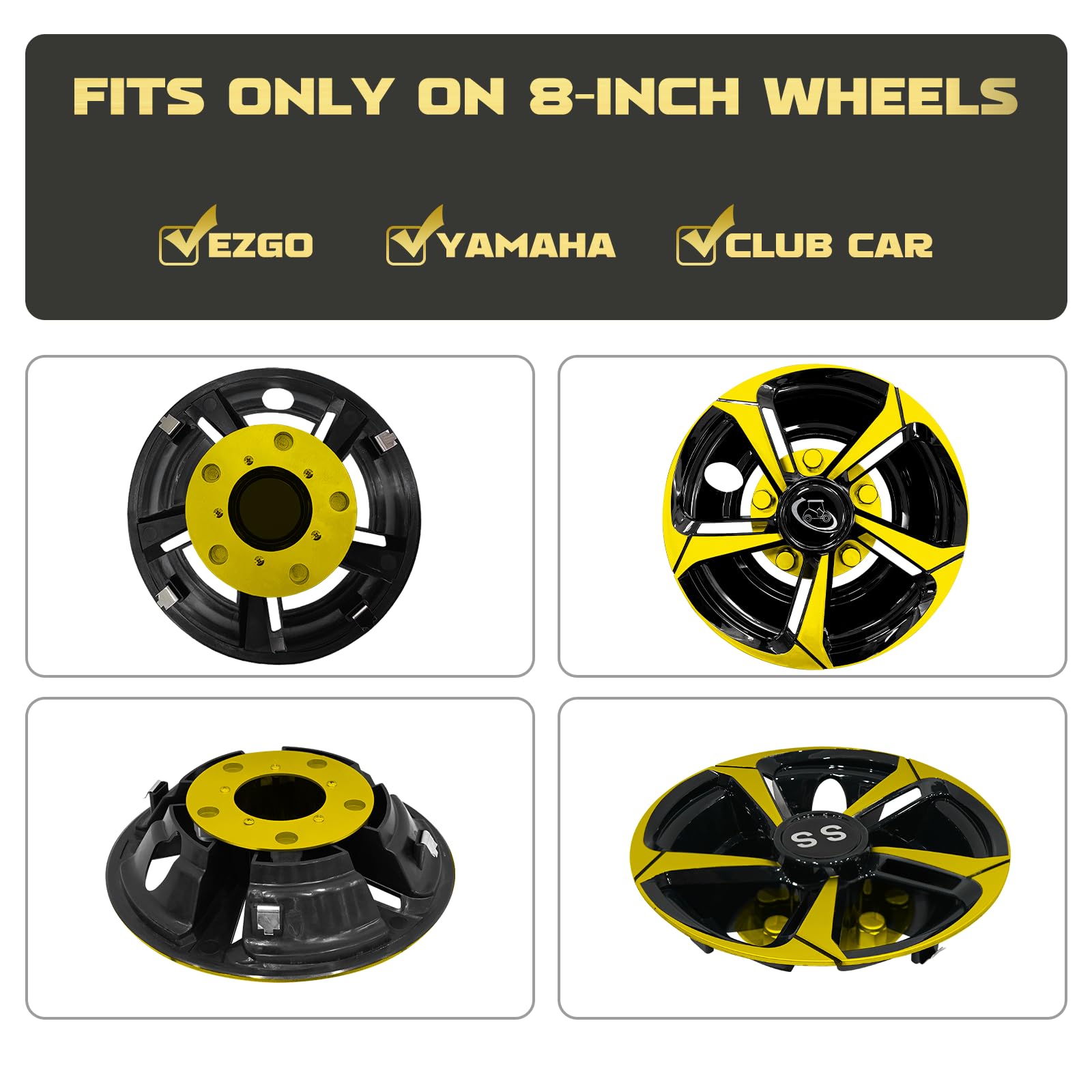XUANYUDG0769 Golf Cart Hubcaps Wheel Covers for EZGO Club Car Yamaha Golf Cart Wheels and Tires Center Caps 8 Inch, Set of 4 Golf Cart Hub Caps, Black and Yellow