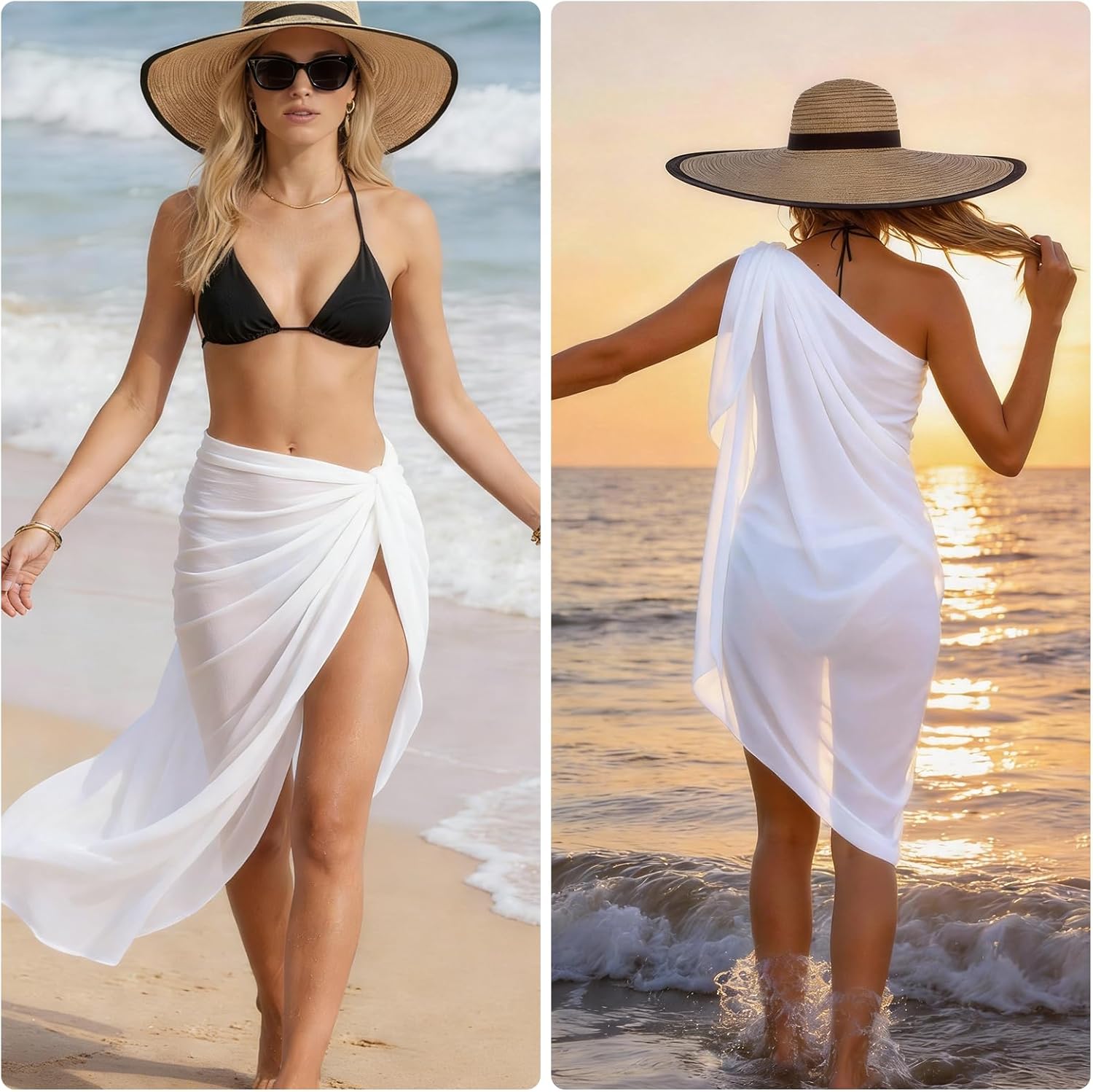 Skiennix Chiffon Sarong Wraps - Sheer Beach Cover-Up for Swimsuit | 2 Pcs One Size Set