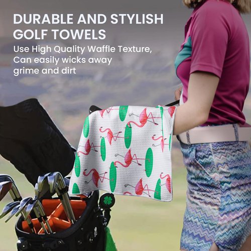GKandi Golf Towels for Golf Bags Value 2 Pack 21"x16" and 12"x8" Set with Strong Magnetic Retractable Carabiner Microfiber Waffle Pattern Towel Lightweight Absorbent Gift for Women Ladies (Flamingo)