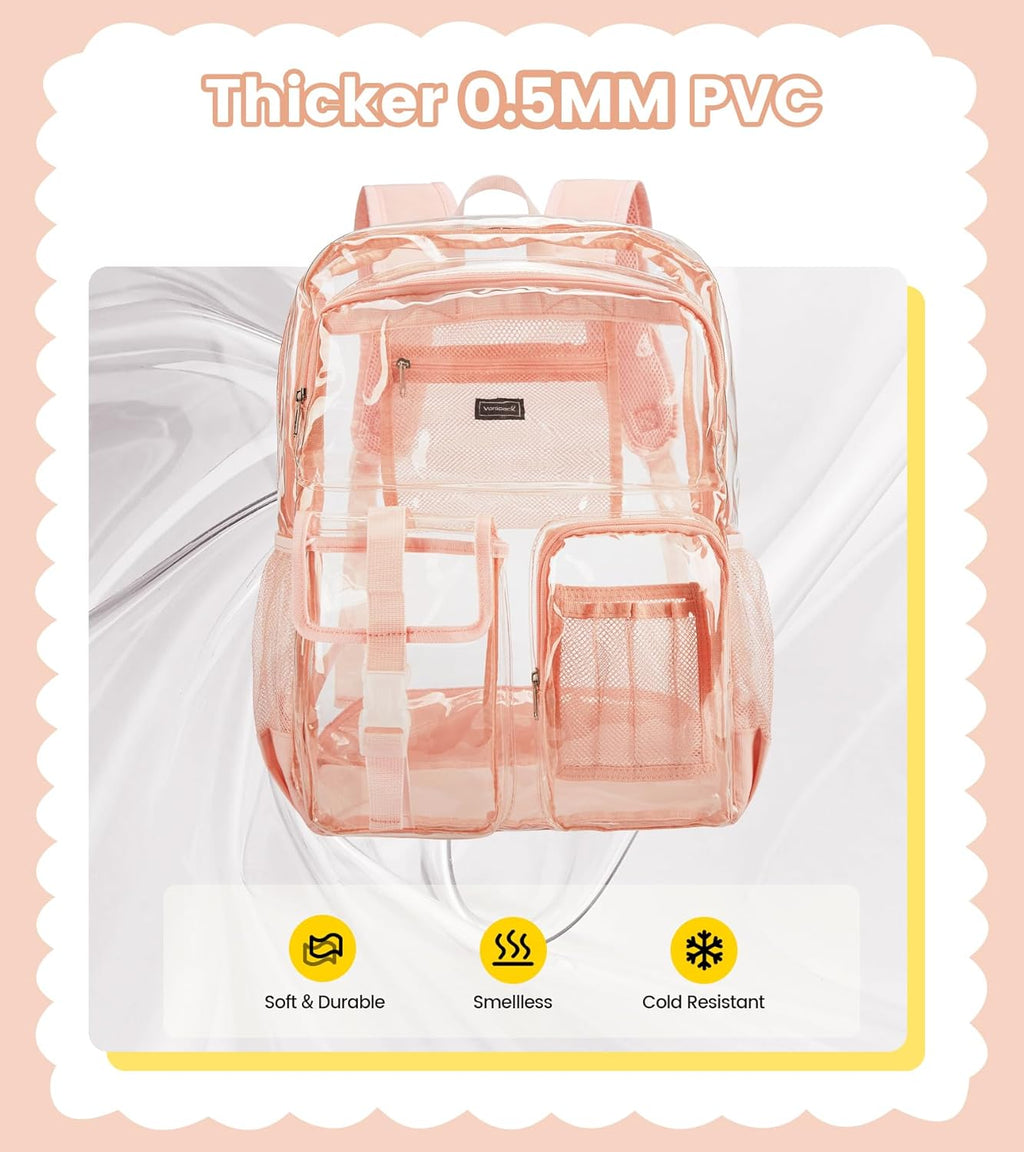 Vorspack Clear Backpack for School - Heavy Duty Transparent Bookbag for Girls Boys Extra Large See Through backpacks for Work, College, Travel - Pink