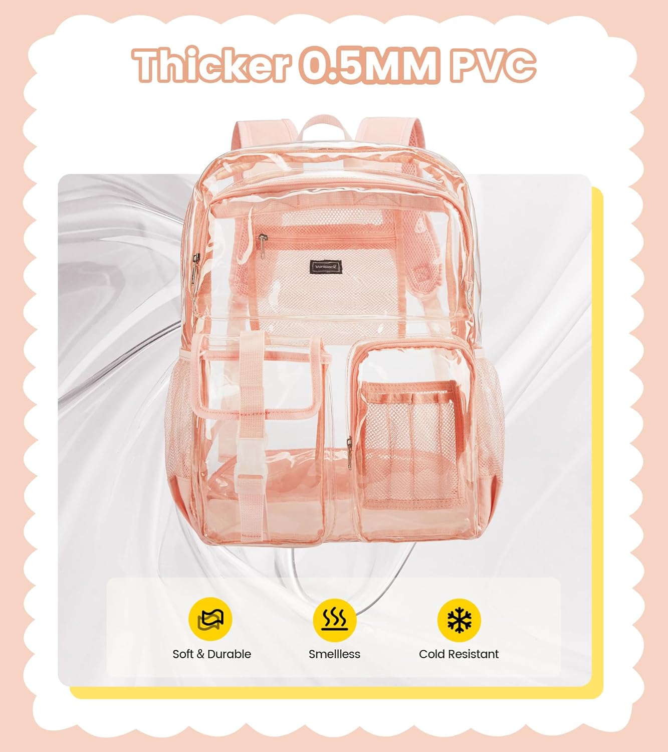 Vorspack Clear Backpack for School - Heavy Duty Transparent Bookbag for Girls Boys Extra Large See Through backpacks for Work, College, Travel - Pink
