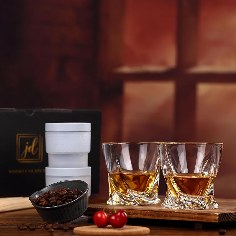 Whiskey Glass Gift Set with 2 Crystal Rocks Glasses & 2 Ice Ball Molds - 11 oz Old Fashioned Glasses