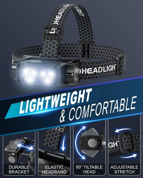 Headlamp Rechargeable 2PCS,4500L Super Bright Light Bright LED Rechargeable Headlight with White Light, Waterproof Head Lamp with Headband for Outdoor Camping, Hiking,Camping Essentials,Working