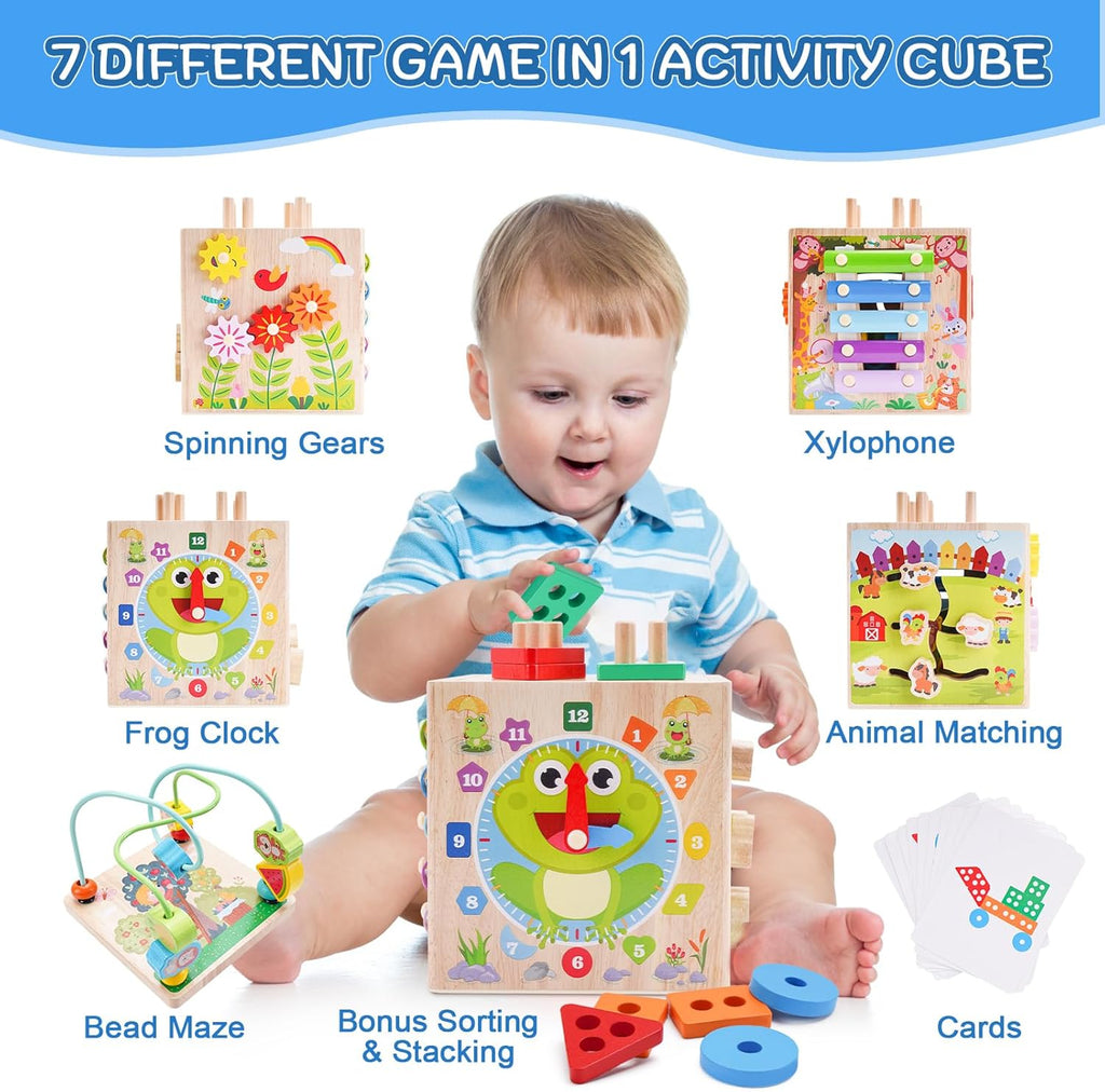 Wooden Activity Cube - Montessori Educational Toy for Toddlers 1-3 Years | Perfect 1st Birthday Gift | Includes Bonus Sorting & Stacking Game (Pink)