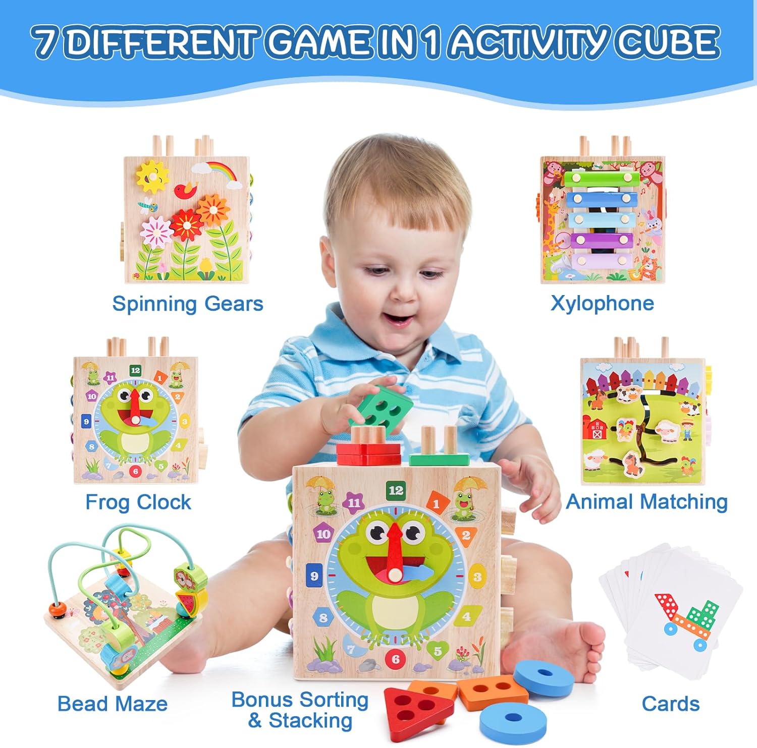 Wooden Activity Cube - Montessori Educational Toy for Toddlers 1-3 Years | Perfect 1st Birthday Gift | Includes Bonus Sorting & Stacking Game (Pink)