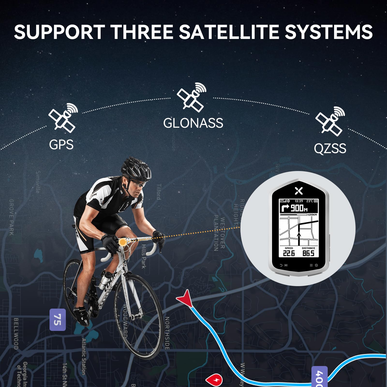 XOSS NAV Plus GPS Bike Computer with Bluetooth, 2.4"" Ant+ Bike Computer Wireless with 33hs Long Battery Life, IPX7 Waterproof Map Navigation Bike Computer with Auto Backlight & Rear 3D Video, Black