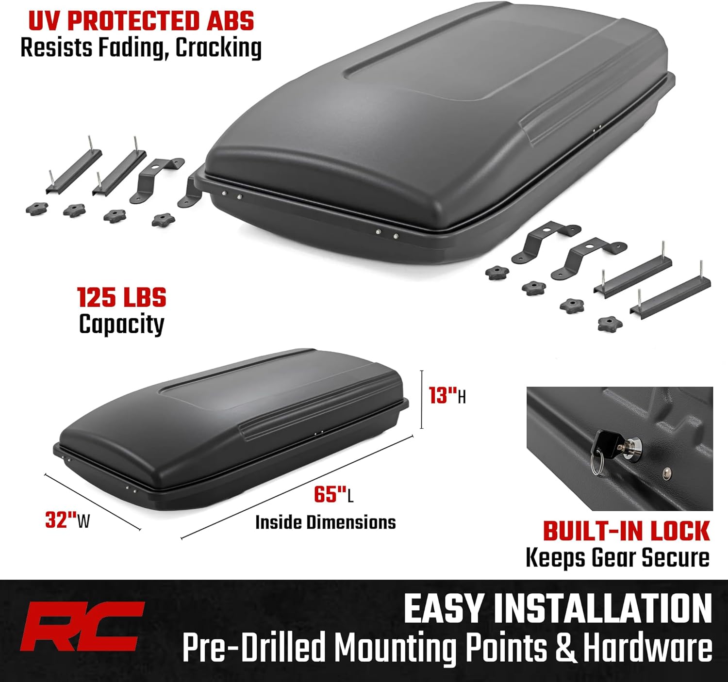 Rough Country Rooftop Cargo Box - 14.5 Cu Ft Hard Shell Carrier | Lockable, Weatherproof & Easy Install
