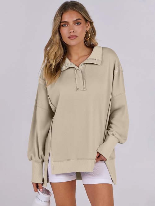 ANRABESS Women's Oversized Sweatshirt - Casual Button-Up Henley Top with High-Low Split | Fall Fashion 2025