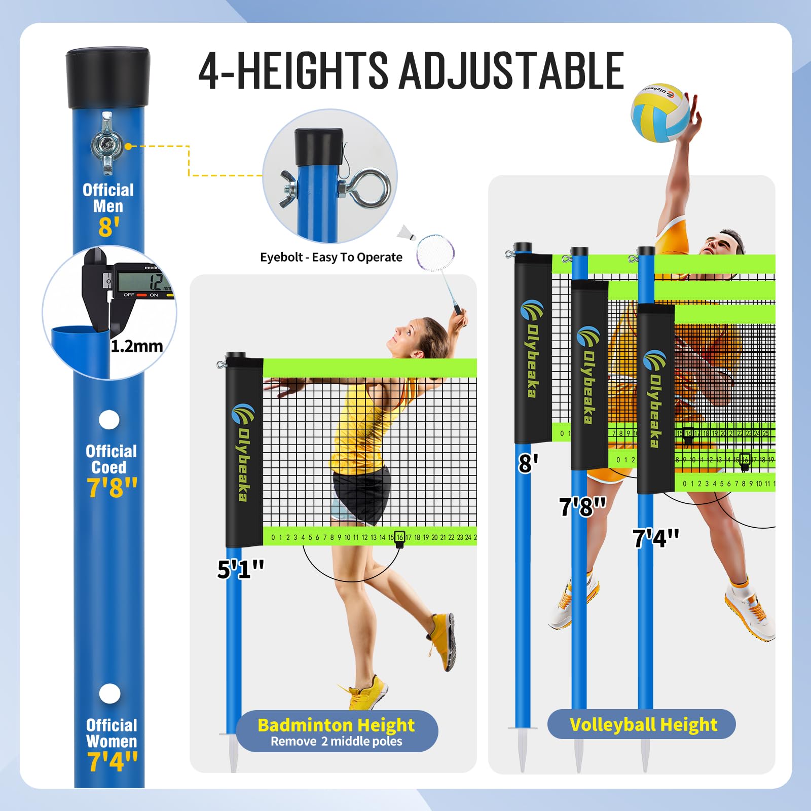 Olybeaka Outdoor Volleyball & Badminton Combo Net Set for Backyard, Beach with 2 Nets, Adjustable Poles, 4 Aluminum Rackets, PU Volleyball, Portable Carry Bag (Black)
