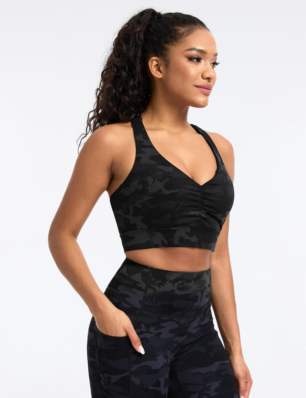 The Gym People Women's Sports Bra - Cross Back Ruched Design with Removable Pads | V Neck, Wide Straps, Yoga Crop Top