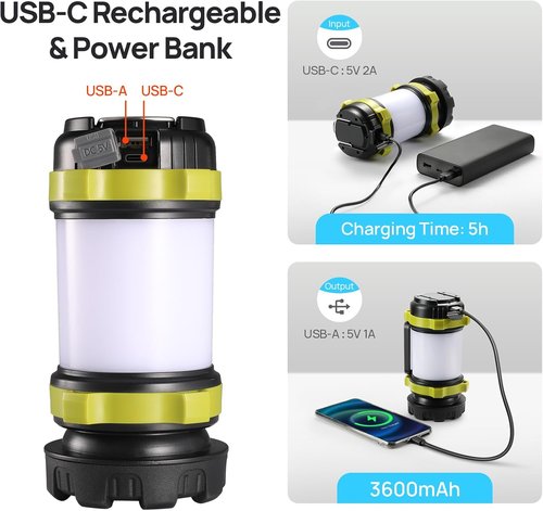 Consciot LED Camping Lantern Flashlight - Rechargeable 3600mAh Power Bank | 6 Light Modes, IPX4 Waterproof