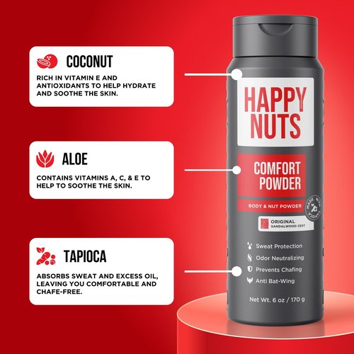 HAPPY NUTS Comfort Powder Deodorant For Men: Anti-Chafing, Sweat and Odor Control for Jock Itch, Aluminum-Free, 6 oz (1 Pack), Original Scent