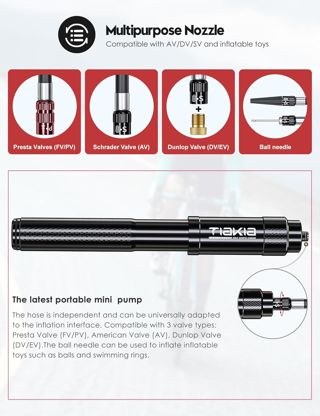 Tiakia Mini Bike Pump - Portable 260PSI High-Pressure Air Hand Pump for Presta & Schrader Valves | Aluminum Alloy Tire Pump for Road & Mountain Bikes