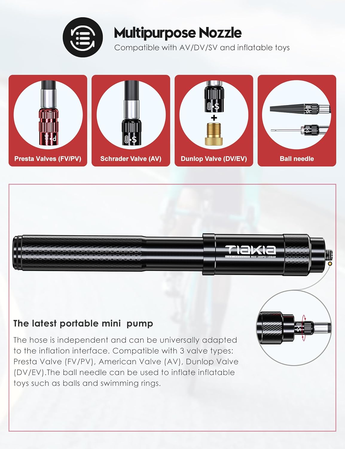 Tiakia Mini Bike Pump - Portable 260PSI High-Pressure Air Hand Pump for Presta & Schrader Valves | Aluminum Alloy Tire Pump for Road & Mountain Bikes