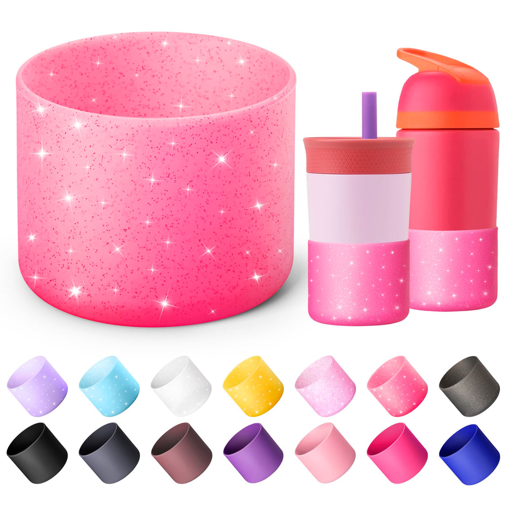 Diumepo Silicone Water Bottle Boot for Owala 14/16oz, Anti-Slip Protective Sleeve Bottom Bumper Protector for Owala 12 oz Tumbler, Flip 14 oz and FreeSip 16 oz Water Bottle (Glitter Rose Red)